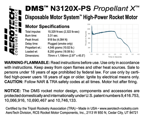 AeroTech N3120-PS 75mm x 1,156mm Single Use DMS 1-Motor Kit - 14310P